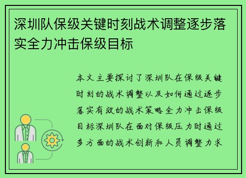 深圳队保级关键时刻战术调整逐步落实全力冲击保级目标