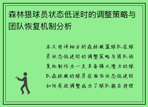 森林狼球员状态低迷时的调整策略与团队恢复机制分析