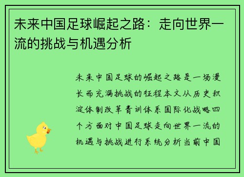 未来中国足球崛起之路：走向世界一流的挑战与机遇分析