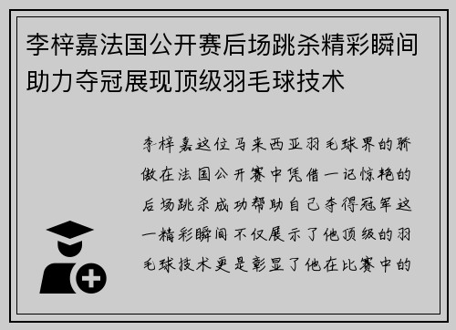 李梓嘉法国公开赛后场跳杀精彩瞬间助力夺冠展现顶级羽毛球技术