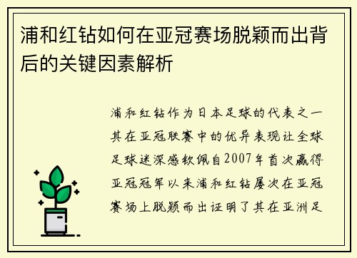 浦和红钻如何在亚冠赛场脱颖而出背后的关键因素解析 浦和红钻如何在亚冠赛场脱颖而出背后的关键因素解析