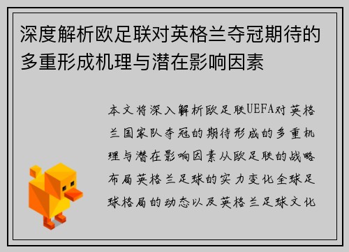 深度解析欧足联对英格兰夺冠期待的多重形成机理与潜在影响因素